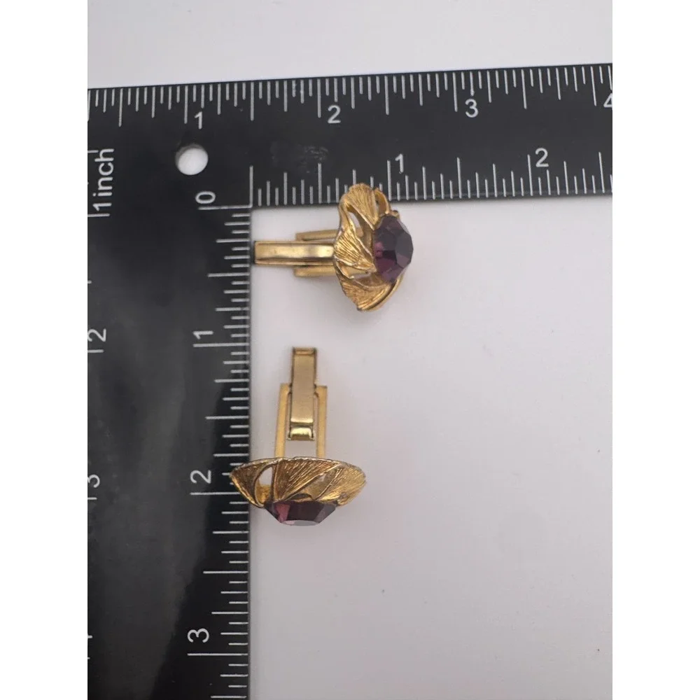Vintage Brutalist Cufflinks Mid Century Gold Tone Swirl Purple Rhinestone
